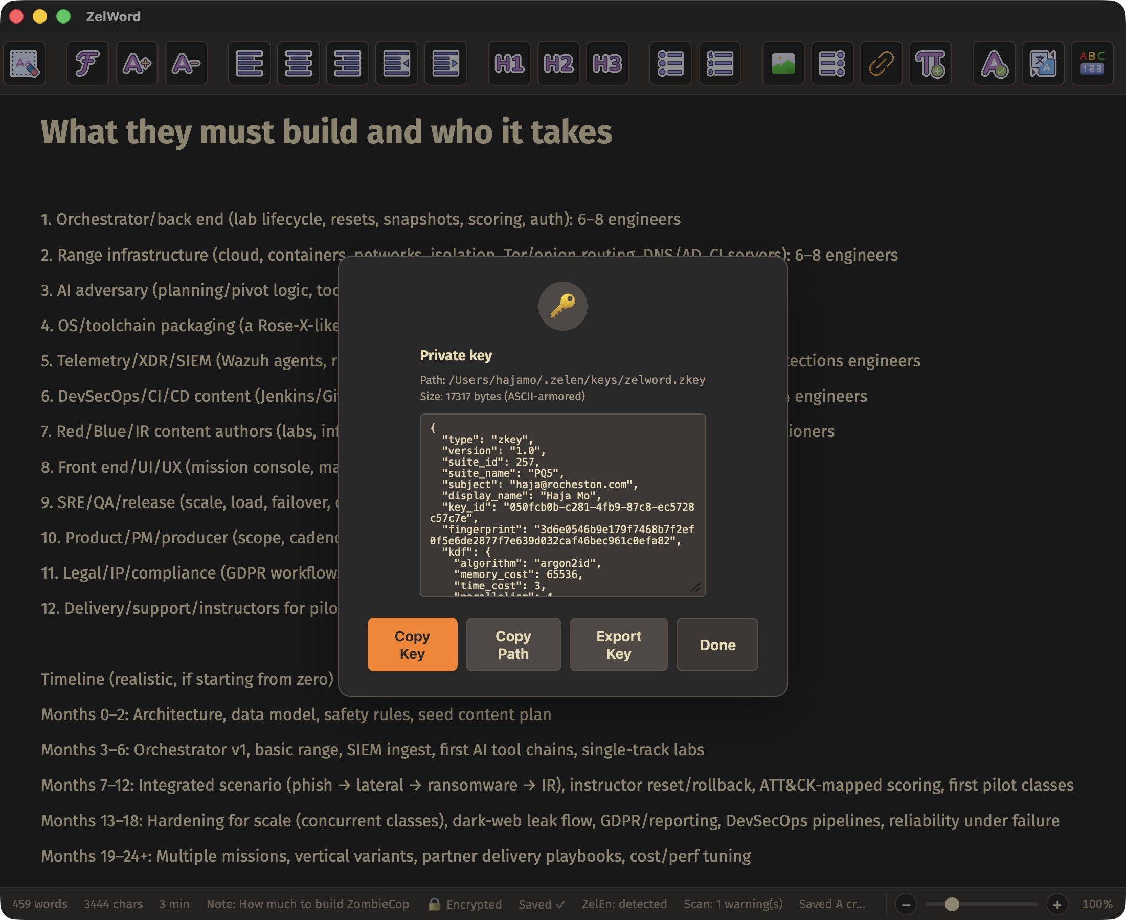ZelWord dark theme with private key dialog open