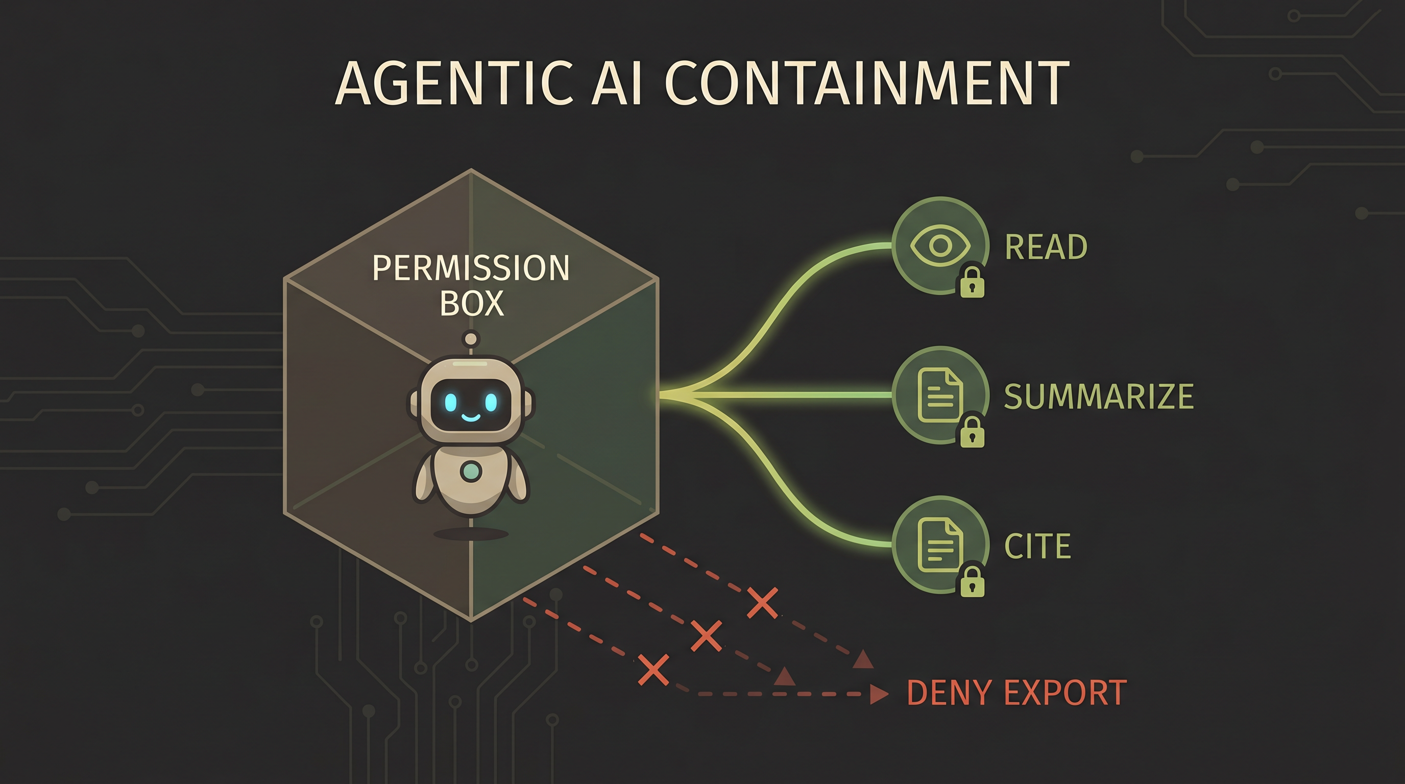 Agentic AI Containment — Permission Box: Read, Summarize, Cite allowed; Export denied