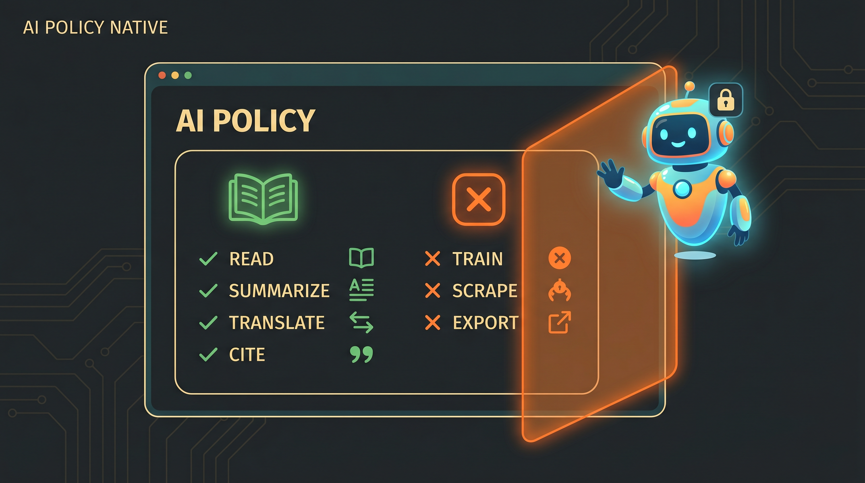 AI Policy Native — Read, Summarize, Translate, Cite allowed; Train, Scrape, Export blocked