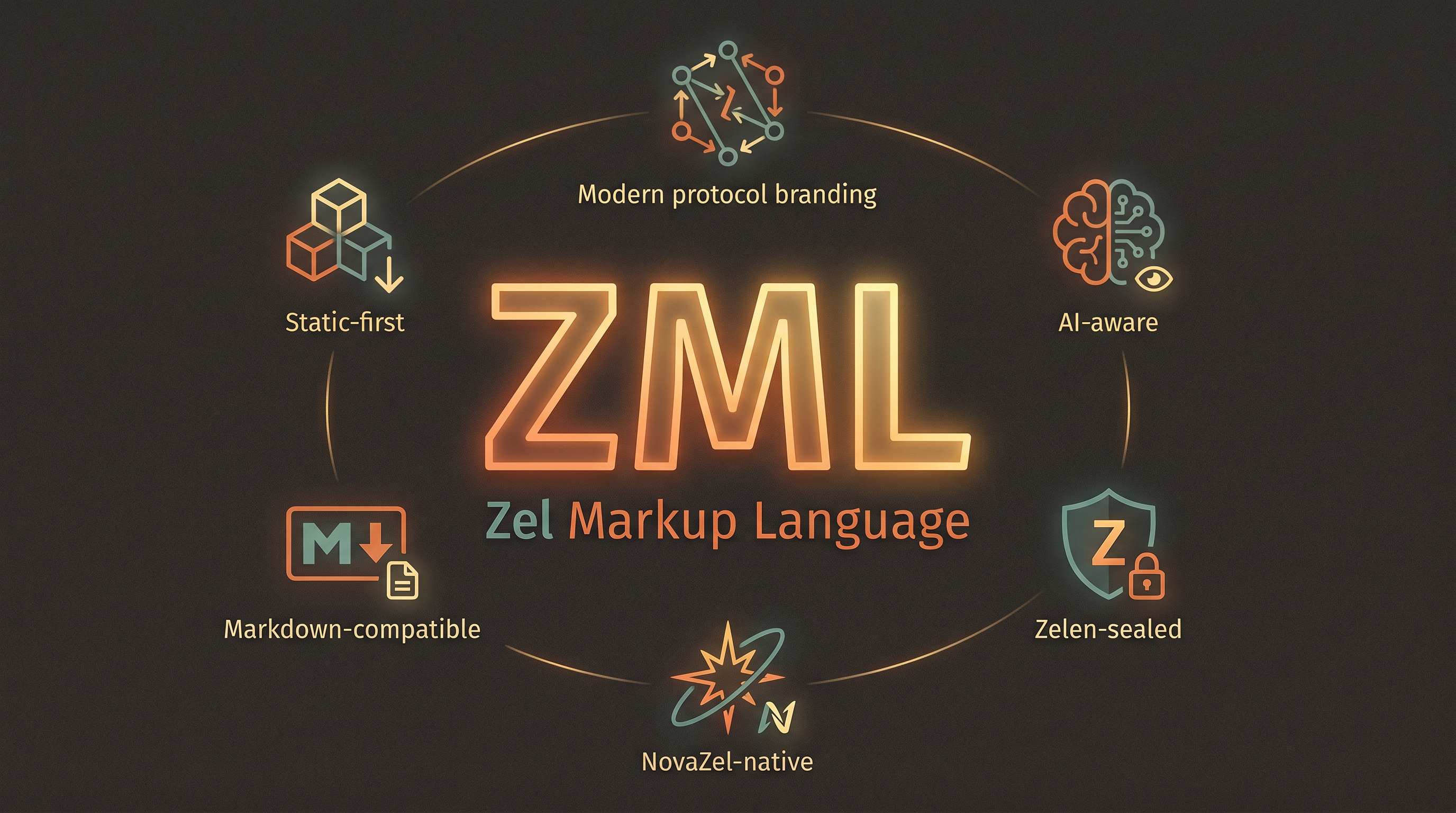 ZML — Static-first, AI-aware, Zelen-sealed, NovaZel-native, Markdown-compatible, Modern protocol branding